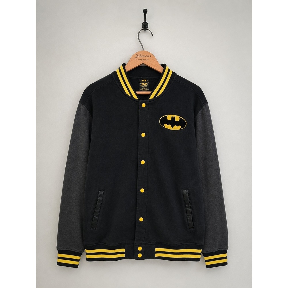 DC Comics Batman Varsity Jacket XL Black Yellow Snap Front‎ Long Sleeve Bomber